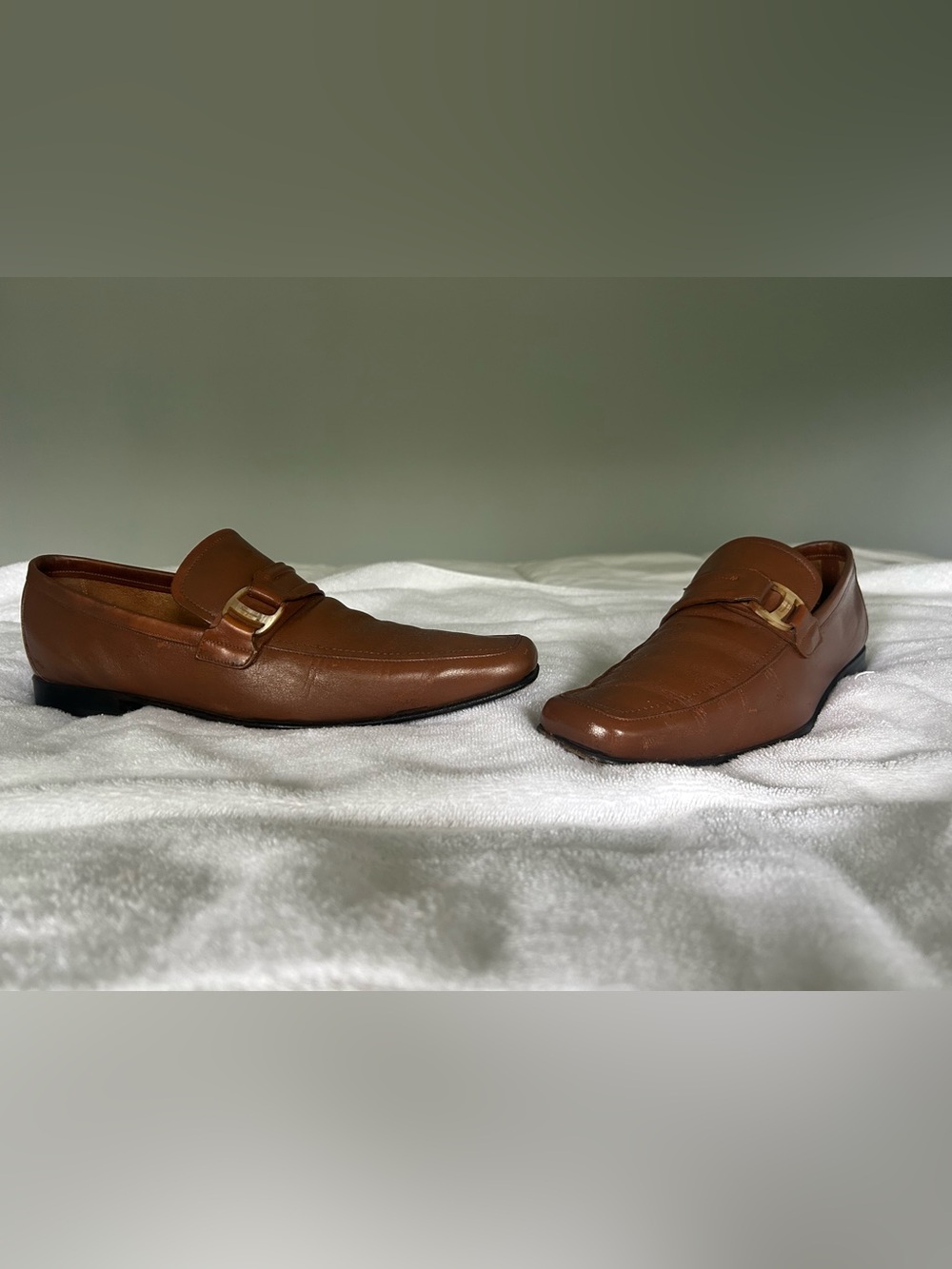 Salvatore Ferragamo Brown Leather Slip-On Loafers with Gold Buckle